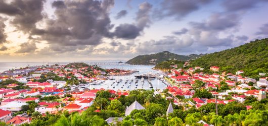 Gustavia, St. Barths town skyline in the Carribean at dusk.